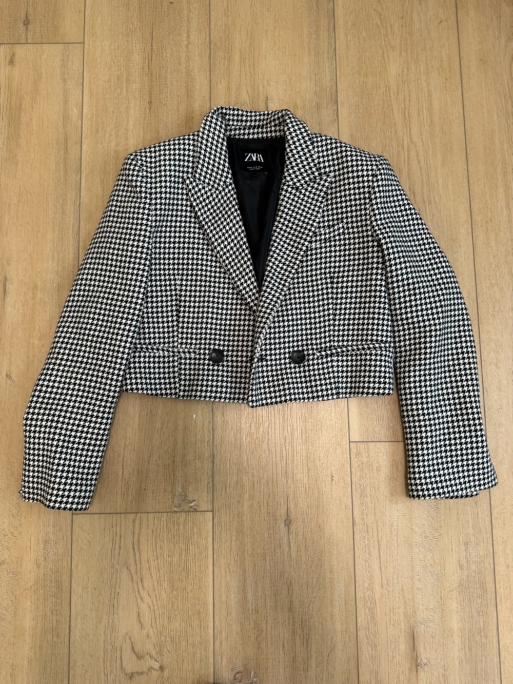 Zara Black & White Houndstooth Cropped Blazer